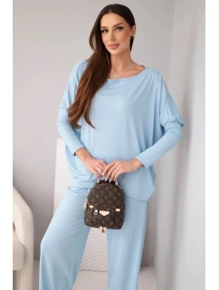 Dámský viskózový komplet s volnou blůzou a kalhotami modrý