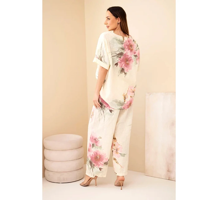 Dámský bavlněný komplet s krátkým rukávem a širokými nohavicemi žlutý