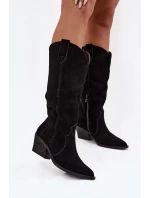 Dámské zateplené kožené semišové cowboy kozačky Urselle – černé Dámské zateplené kožené semišové cowboy kozačky Urselle – černé