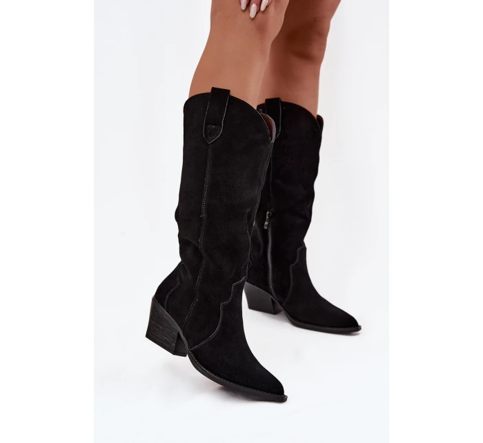 Dámské zateplené kožené semišové cowboy kozačky Urselle – černé Dámské zateplené kožené semišové cowboy kozačky Urselle – černé