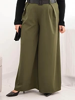 Dámské kalhoty Plus Size s širokou nohavicí a páskem khaki