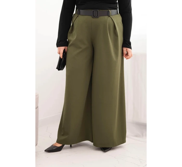 Dámské kalhoty Plus Size s širokou nohavicí a páskem khaki