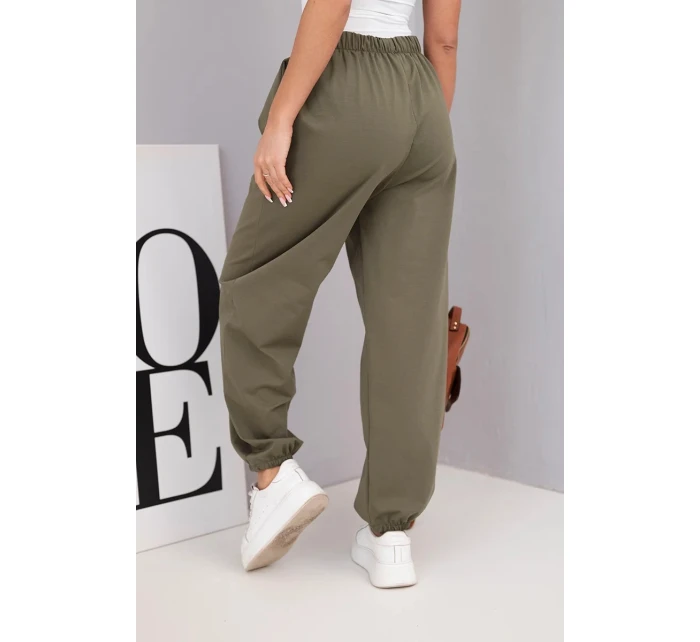 Dámské bavlněné kalhoty s vysokým pasem a ozdobným knoflíkem khaki