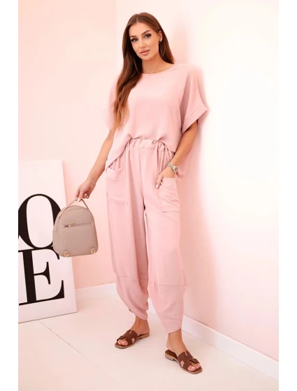 Komplet z viskózy halenka + kalhoty tmavě pudrově růžová