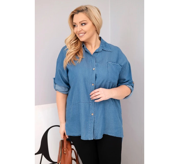 Dámská košile Plus Size z lyocellu s prodlouženým zadním dílem a rukávem na knoflík džínová