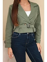 Dámská krátká model 22293776 viskózová bunda s páskem a klopami khaki - K-Fashion Dámská krátká model 22293776 viskózová bunda s páskem a klopami khaki - K-Fashion