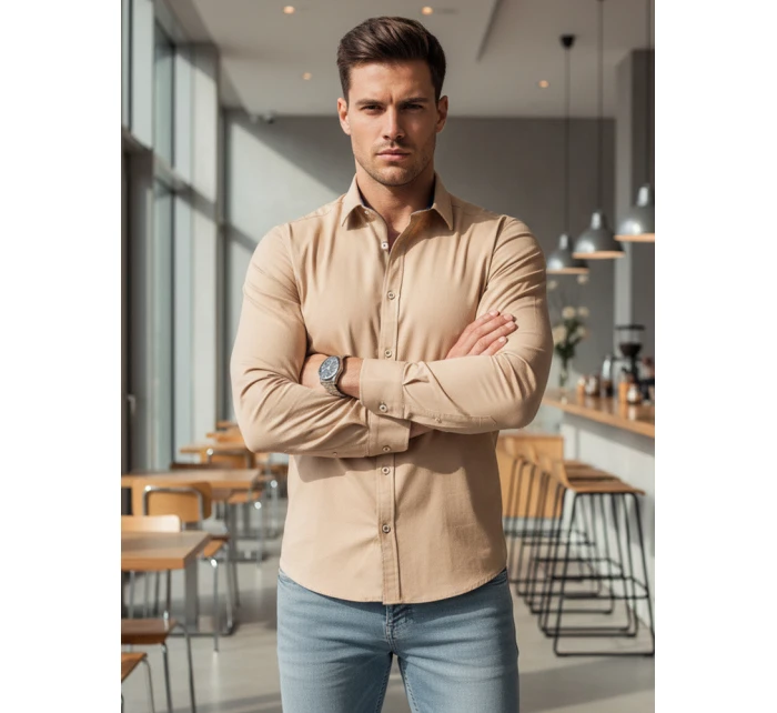 Pánská elegantní hladká béžová košile SLIM FIT FashionStreet DX2602 Pánská elegantní hladká béžová košile SLIM FIT FashionStreet DX2602