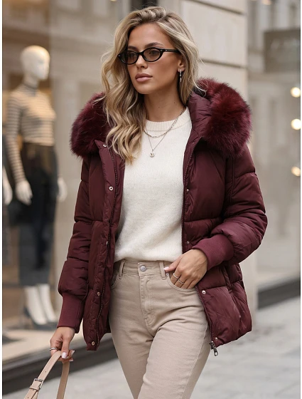 Dámská zimní prošívaná bunda s kapucí, vínová, FashionStreet TY6003 Dámská zimní prošívaná bunda s kapucí, vínová, FashionStreet TY6003