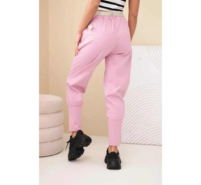 Dámské bavlněné kalhoty s vysokým pasem a páskem tmavě růžové