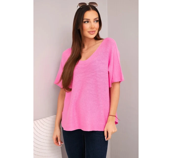 Dámská svetrá blůza s krátkým rukávem a výstřihem do V světle růžová