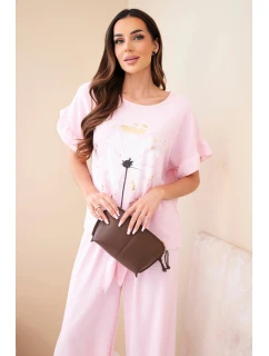 Dámský viskózový komplet s halenkou s potiskem a kalhotami cukrově růžová
