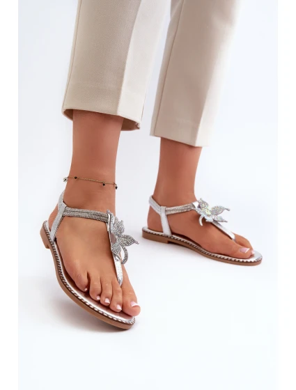 Dámské Ploché Sandály S Ozdobným Kvítkem Stříbrné Edoni Dámské Ploché Sandály S Ozdobným Kvítkem Stříbrné Edoni