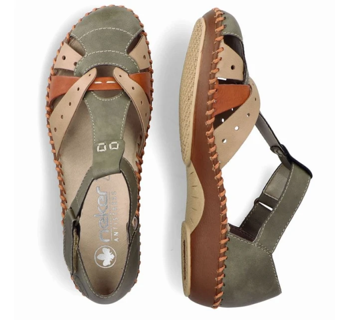 Sandały damskie komfortowe na rzepy zabudowane palce zielone Rieker M1655-54