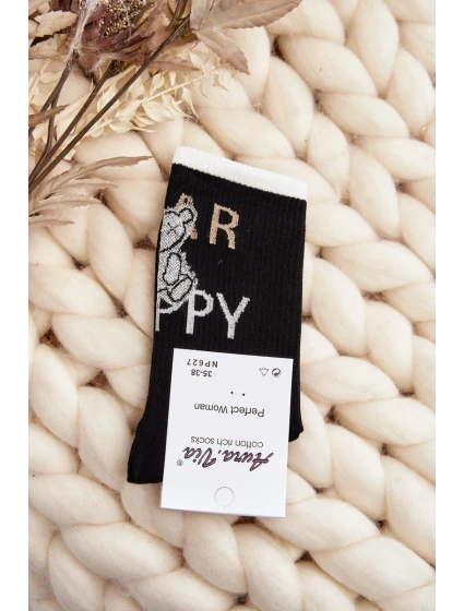 Dámské bavlněné ponožky s nápisem a medvídkem černé