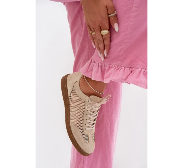 Kožené semišové dámské tenisky s síťovinou model 22027653 Béžové - Zazoo