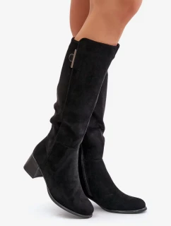 Kozačky na podpatku z eko semiše před koleno černé Izanae