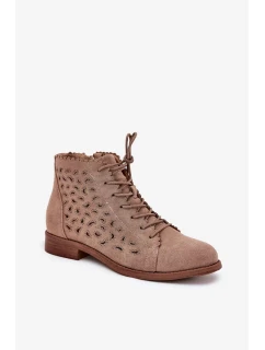 Dámské nízké kotníkové botky s perforovaným vzorem – béžové S.Barski