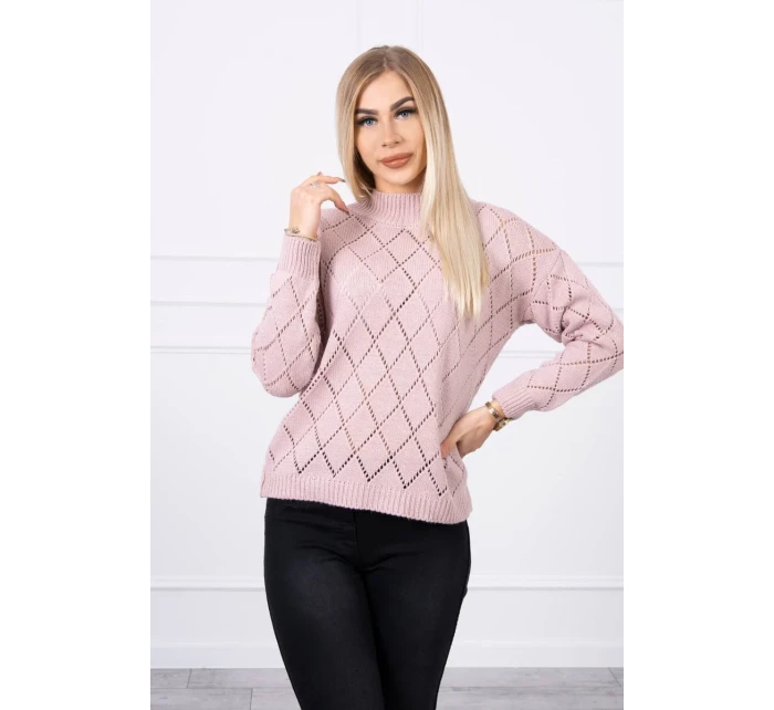 Svetr s polovičním rolákem a kosočtvercovým vzorem pudrově růžový