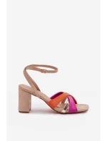 Dámské sandály na podpatku s pásky Eko semiš Béžové model 21937467 - Boto