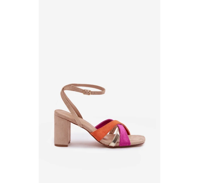 Dámské sandály na podpatku s pásky Eko semiš Béžové model 21937467 - Boto