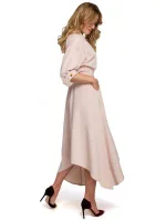 K086 Šaty v délce midi s ozdobnými knoflíky - béžové