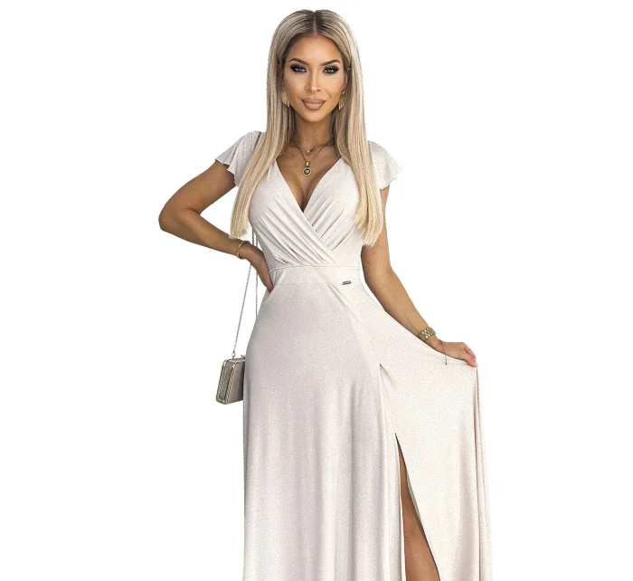 411-4 CRYSTAL třpytivé dlouhé šaty s výstřihem - BEACH