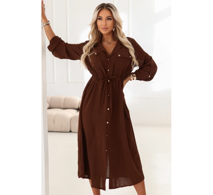 651-1 Šaty midi s knoflíky a páskem - čokoládové 651-1 Šaty midi s knoflíky a páskem - čokoládové
