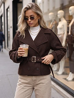 Krátký dámský dvouřadý kabát s páskem v čokoládové barvě FashionStreet NY0792