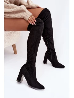 Dámské kozačky z eko-semiše nad kolena na sloupku – černé Thamine