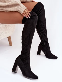 Dámské kozačky z eko-semiše nad kolena na sloupku – černé Thamine