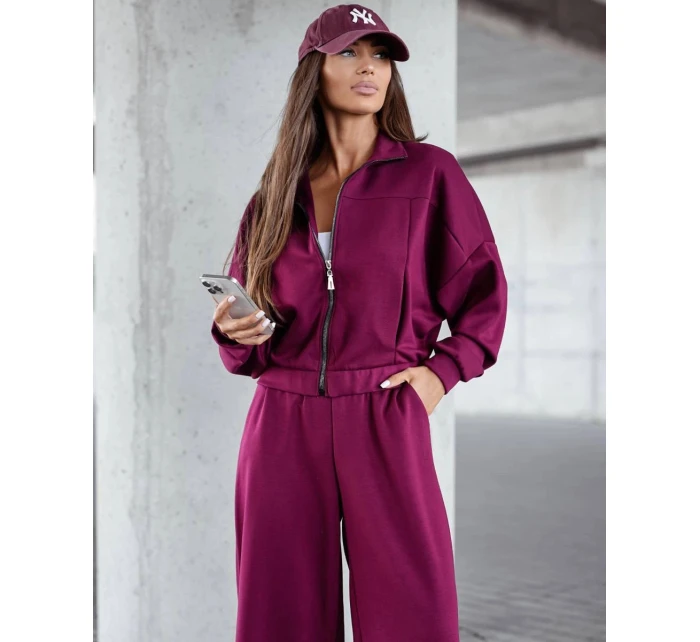 Dámský komplet ve vínové bordó barvě - mikina se stojáčkem a široké kalhoty (821109)
