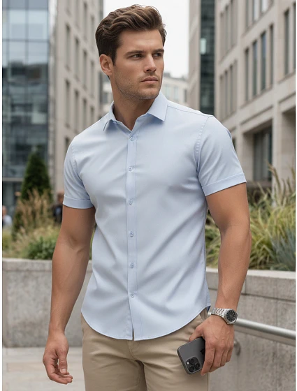 Pánská košile s krátkým rukávem, střih regular, světle modrá, FashionStreet KX1095