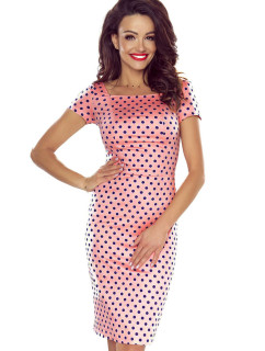 Elegantní růžové bavlněné dámské šaty s tmavě modrými puntíky a s krátkými rukávy 440-2