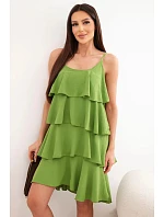 Dámské mini šaty na ramínka s volány olivová