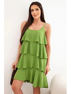 Dámské mini šaty na ramínka s volány olivová