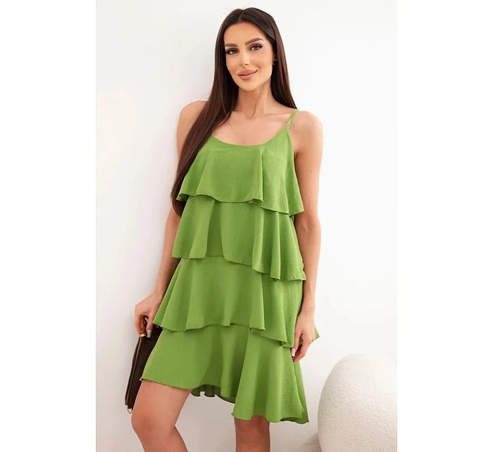 Dámské mini šaty na ramínka s volány olivová