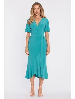 model 22040695 Zavinovací midi šaty s volánem a řasením tyrkysové - Moe