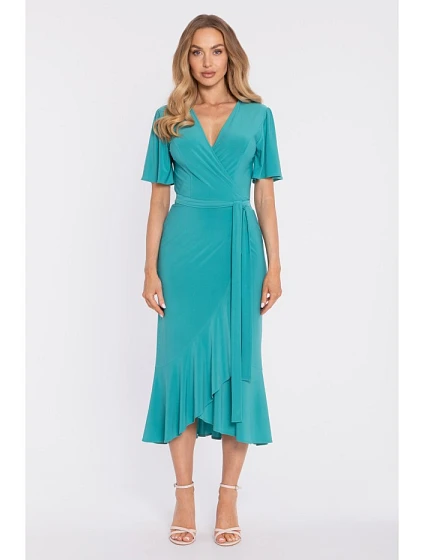 model 22040695 Zavinovací midi šaty s volánem a řasením tyrkysové - Moe
