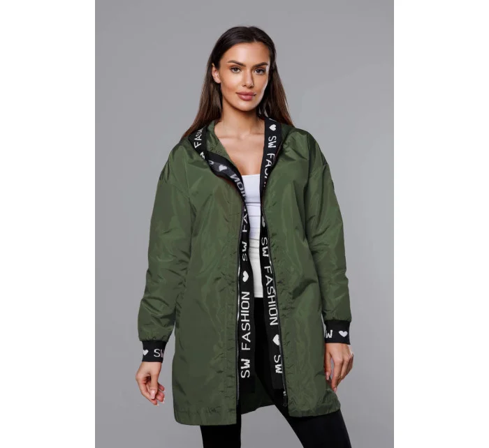Tenká dámská bunda v khaki barvě s ozdobnou lemovkou (B8145-11)