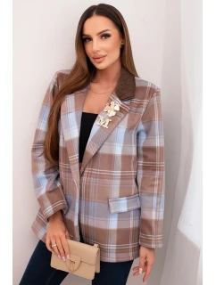 Dámská kostkovaná sako se model 21798609 broží a dlouhým rukávem modrá - K-Fashion