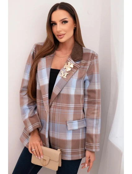 Dámská kostkovaná sako se model 21798609 broží a dlouhým rukávem modrá - K-Fashion