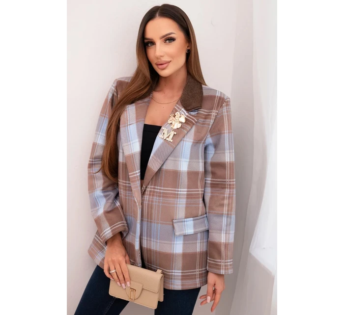 Dámská kostkovaná sako se model 21798609 broží a dlouhým rukávem modrá - K-Fashion