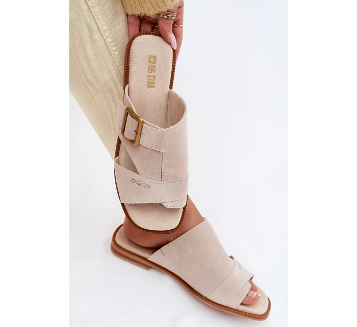 Semišové dámské nazouváky na plochém podpatku s přezkou Big Star TT274476 Béžové