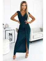 451-1 Třpytivé šaty s krátkými rukávy, výstřihem a rozparkem na nohou - BUTTER GREEN