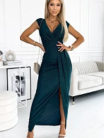 451-1 Třpytivé šaty s krátkými rukávy, výstřihem a rozparkem na nohou - BUTTER GREEN