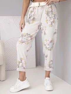 Dámské viskózové květinové kalhoty s páskem béžové