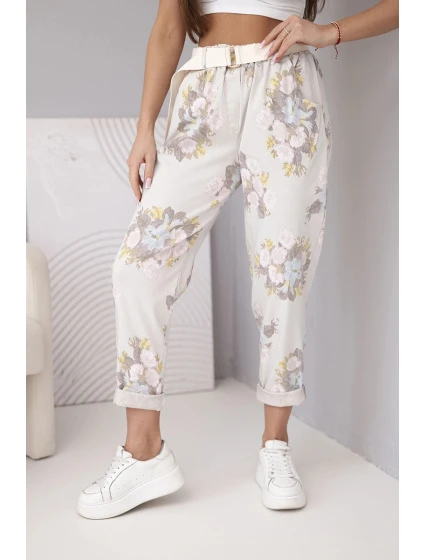 Dámské viskózové květinové kalhoty s páskem béžové