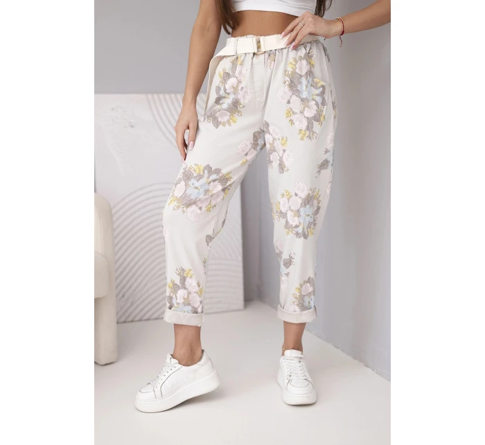 Dámské viskózové květinové kalhoty s páskem béžové