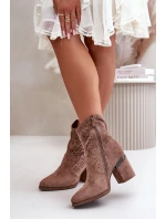 Zdobené dámské boty na podpatku z eko semiše hnědé model 21668223 - S.Barski
