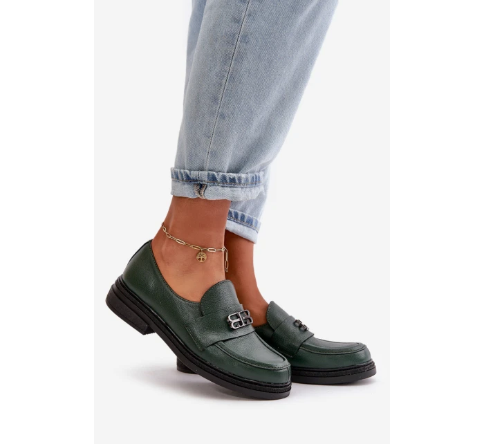 Zazoo 20174 Kožené Elegantní Polobotky Dámské Na Plochém Podpatku Tmavě Zelené